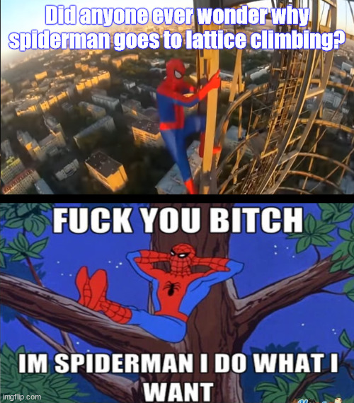 Spiderman | Did anyone ever wonder why spiderman goes to lattice climbing? | image tagged in spiderman | made w/ Imgflip meme maker