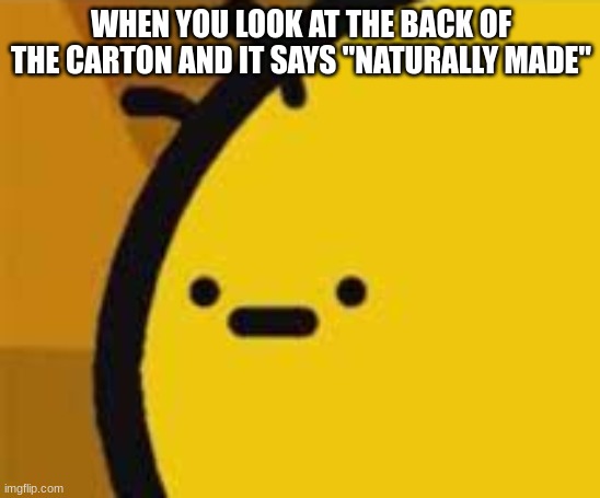 shitpost that took 1.3 minutes to make | WHEN YOU LOOK AT THE BACK OF THE CARTON AND IT SAYS "NATURALLY MADE" | image tagged in b is feeling b | made w/ Imgflip meme maker