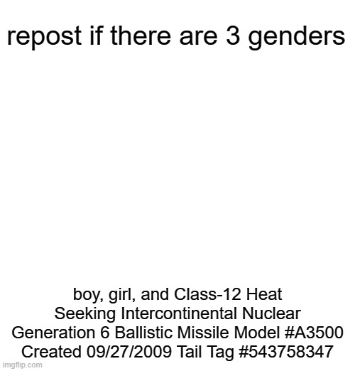 repost if there are 3 genders; boy, girl, and Class-12 Heat Seeking Intercontinental Nuclear Generation 6 Ballistic Missile Model #A3500 Created 09/27/2009 Tail Tag #543758347 | made w/ Imgflip meme maker