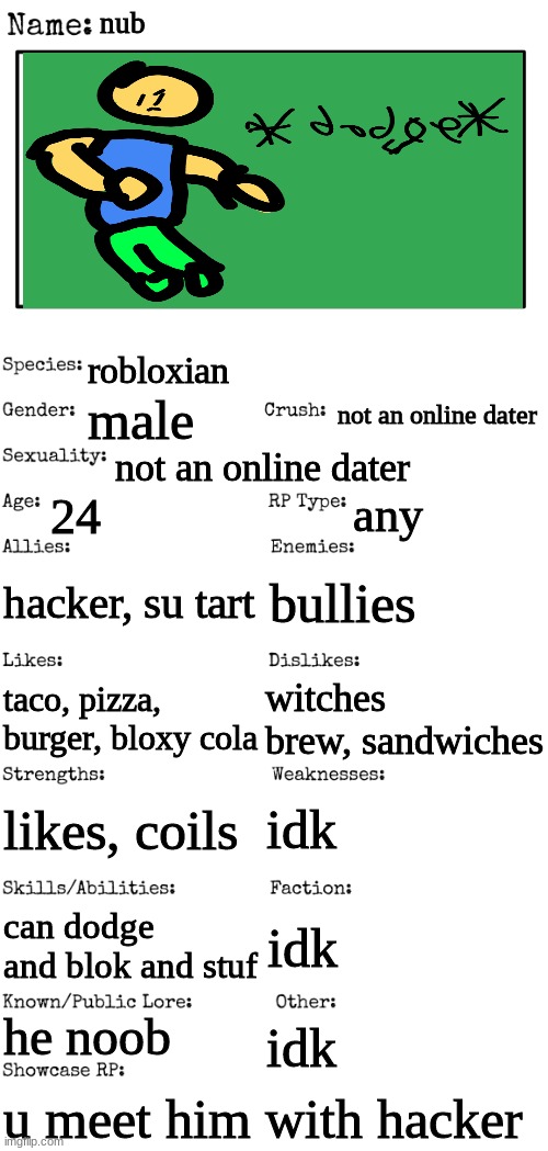 New OC showcase for RP stream | nub; robloxian; not an online dater; male; not an online dater; 24; any; hacker, su tart; bullies; witches brew, sandwiches; taco, pizza, burger, bloxy cola; idk; likes, coils; can dodge and blok and stuf; idk; he noob; idk; u meet him with hacker | image tagged in new oc showcase for rp stream | made w/ Imgflip meme maker