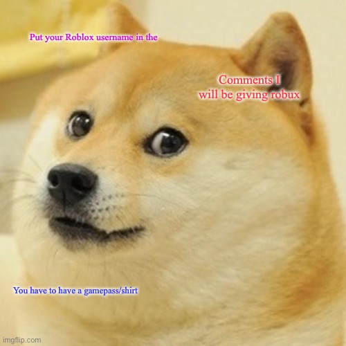 Doge Meme | Put your Roblox username in the; Comments I will be giving robux; You have to have a gamepass/shirt | image tagged in memes,doge | made w/ Imgflip meme maker