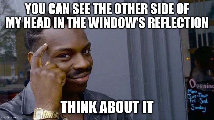 Reflection | YOU CAN SEE THE OTHER SIDE OF MY HEAD IN THE WINDOW'S REFLECTION; THINK ABOUT IT | image tagged in memes,roll safe think about it | made w/ Imgflip meme maker