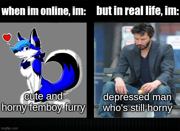 I have two sides | when im online, im:; but in real life, im:; cute and horny femboy furry; depressed man who's still horny | image tagged in i have two sides | made w/ Imgflip meme maker