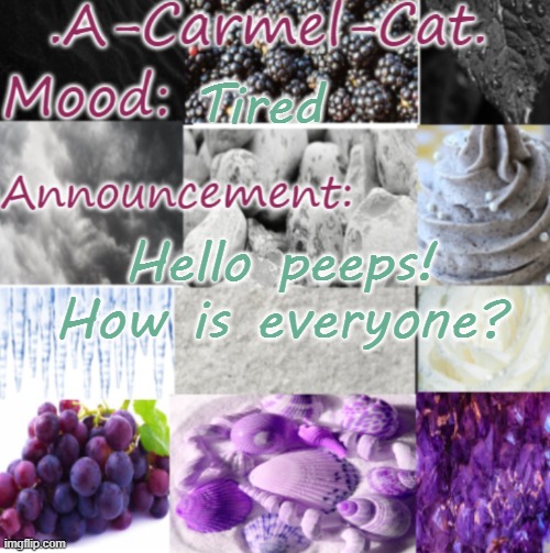 I changed the other text to green bc I thought it would look nicer | Tired; Hello peeps! How is everyone? | image tagged in a-carmel-cat ace announcement | made w/ Imgflip meme maker