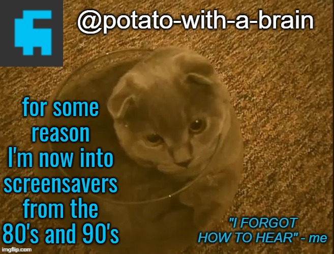for some reason I'm now into screensavers from the 80's and 90's | image tagged in potato-with-a-brain announcement template thx jade_harley | made w/ Imgflip meme maker