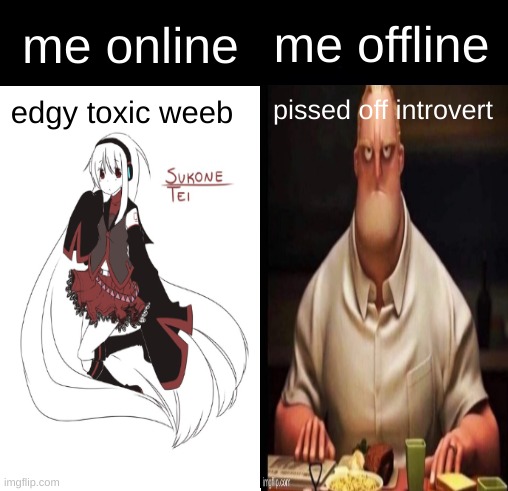me in a nutshell | me online; me offline; pissed off introvert; edgy toxic weeb | made w/ Imgflip meme maker