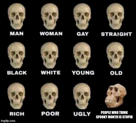spooky month spooky | PEOPLE WHO THINK SPOOKY MONTH IS STUPID | image tagged in idiot skull | made w/ Imgflip meme maker