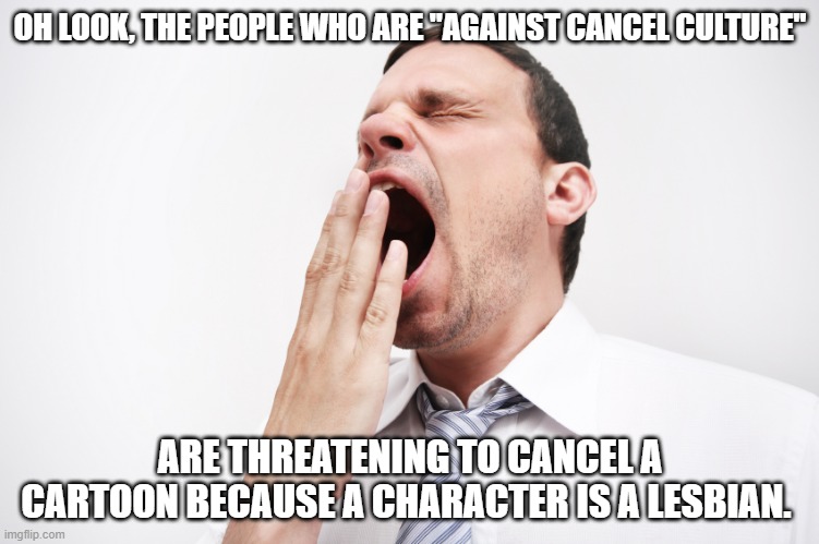 yawn | OH LOOK, THE PEOPLE WHO ARE "AGAINST CANCEL CULTURE"; ARE THREATENING TO CANCEL A CARTOON BECAUSE A CHARACTER IS A LESBIAN. | image tagged in yawn | made w/ Imgflip meme maker