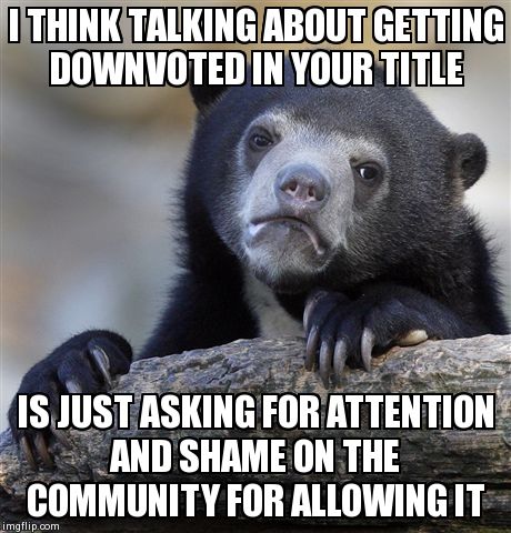 Confession Bear Meme | I THINK TALKING ABOUT GETTING DOWNVOTED IN YOUR TITLE IS JUST ASKING FOR ATTENTION AND SHAME ON THE COMMUNITY FOR ALLOWING IT | image tagged in memes,confession bear,AdviceAnimals | made w/ Imgflip meme maker