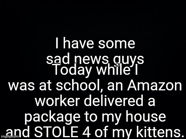 This actually happened today. This is why I hate the human race. | Today while I was at school, an Amazon worker delivered a package to my house and STOLE 4 of my kittens. I have some sad news guys | image tagged in kittens,cats,sad,amazon | made w/ Imgflip meme maker