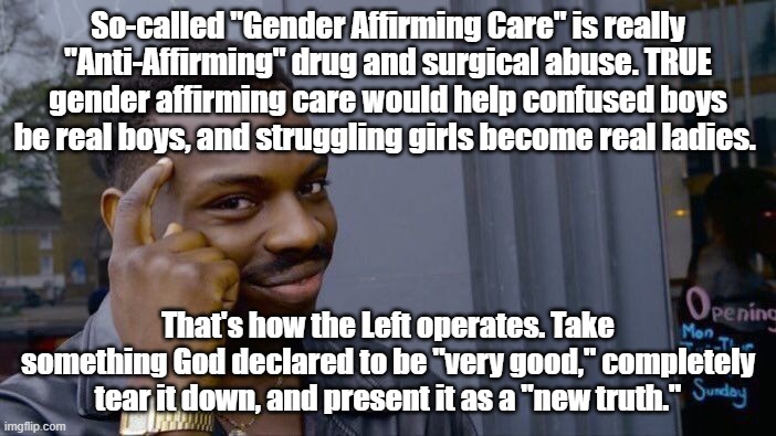 Turning a lie into a so called truth. | So-called "Gender Affirming Care" is really "Anti-Affirming" drug and surgical abuse. TRUE gender affirming care would help confused boys be real boys, and struggling girls become real ladies. That's how the Left operates. Take something God declared to be "very good," completely tear it down, and present it as a "new truth." | image tagged in roll safe think about it | made w/ Imgflip meme maker