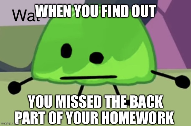 Happens all the time | WHEN YOU FIND OUT; YOU MISSED THE BACK PART OF YOUR HOMEWORK | image tagged in bfb gelatin wat | made w/ Imgflip meme maker