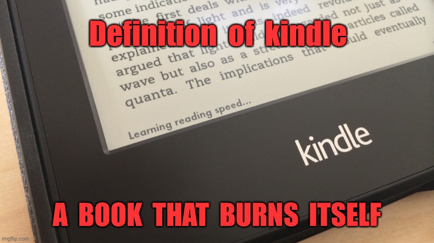 Definition of kindle |  Definition  of  kindle; A  BOOK  THAT  BURNS  ITSELF | image tagged in kindle,book,that burns,meme,fun | made w/ Imgflip meme maker