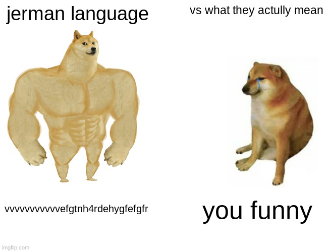 Buff Doge vs. Cheems Meme | jerman language vs what they actully mean vvvvvvvvvvvefgtnh4rdehygfefgfr you funny | image tagged in memes,buff doge vs cheems | made w/ Imgflip meme maker