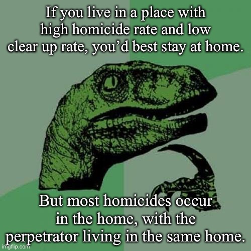 Philosoraptor Meme | If you live in a place with high homicide rate and low clear up rate, you’d best stay at home. But most homicides occur in the home, with the perpetrator living in the same home. | image tagged in memes,philosoraptor | made w/ Imgflip meme maker