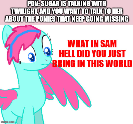 WHAT IN SAM HELL DID YOU JUST BRING IN THIS WORLD | POV: SUGAR IS TALKING WITH TWILIGHT, AND YOU WANT TO TALK TO HER ABOUT THE PONIES THAT KEEP GOING MISSING | image tagged in meme,chat,only,sorry not sorry | made w/ Imgflip meme maker