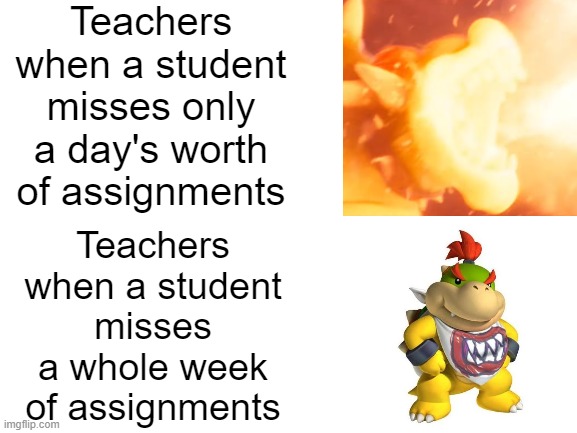 This how it be tho | Teachers when a student misses only a day's worth of assignments; Teachers when a student misses a whole week of assignments | image tagged in school,bowser,mario,memes,so true memes | made w/ Imgflip meme maker