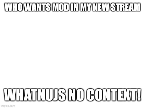 F R E E M O D (hint hint gnib) | WHO WANTS MOD IN MY NEW STREAM; WHATNUJS NO CONTEXT! | image tagged in blank white template | made w/ Imgflip meme maker