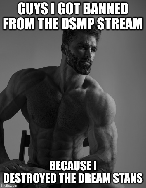 I did it | GUYS I GOT BANNED FROM THE DSMP STREAM; BECAUSE I DESTROYED THE DREAM STANS | image tagged in giga chad,dream sux | made w/ Imgflip meme maker