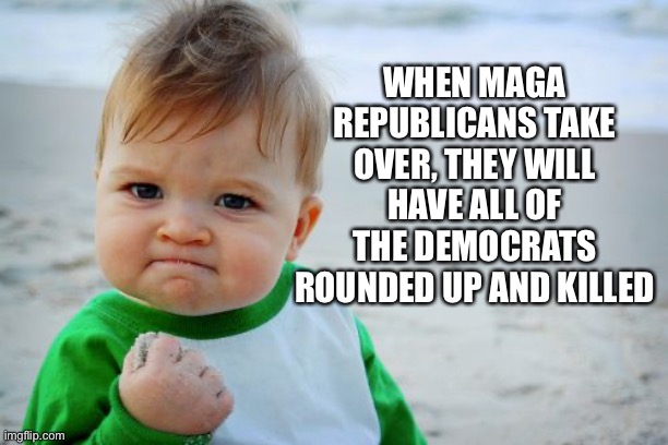 Success Kid Original Meme | WHEN MAGA REPUBLICANS TAKE OVER, THEY WILL HAVE ALL OF THE DEMOCRATS ROUNDED UP AND KILLED | image tagged in memes,success kid original | made w/ Imgflip meme maker