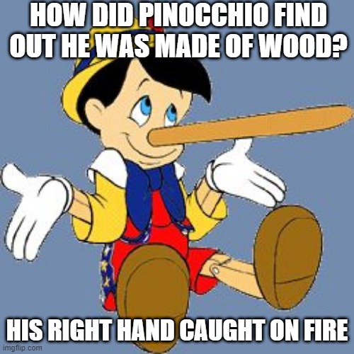 Real Boy All Right | HOW DID PINOCCHIO FIND OUT HE WAS MADE OF WOOD? HIS RIGHT HAND CAUGHT ON FIRE | image tagged in pinocchio | made w/ Imgflip meme maker
