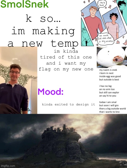 new temp! | k so…
im making a new temp; im kinda tired of this one and i want my flag on my new one; kinda exited to design it | image tagged in smolsnek s announcement temp | made w/ Imgflip meme maker