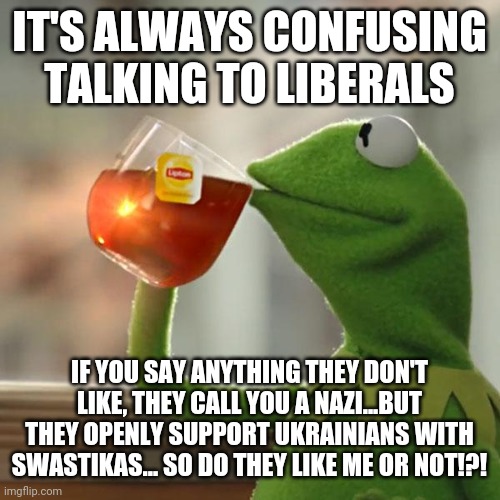But That's None Of My Business |  IT'S ALWAYS CONFUSING TALKING TO LIBERALS; IF YOU SAY ANYTHING THEY DON'T LIKE, THEY CALL YOU A NAZI...BUT THEY OPENLY SUPPORT UKRAINIANS WITH SWASTIKAS... SO DO THEY LIKE ME OR NOT!?! | image tagged in memes,but that's none of my business,kermit the frog | made w/ Imgflip meme maker