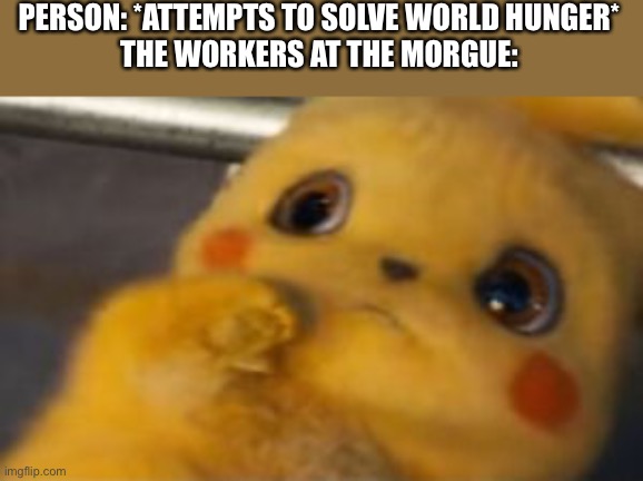 Repost idk lol | PERSON: *ATTEMPTS TO SOLVE WORLD HUNGER*
THE WORKERS AT THE MORGUE: | image tagged in woah | made w/ Imgflip meme maker