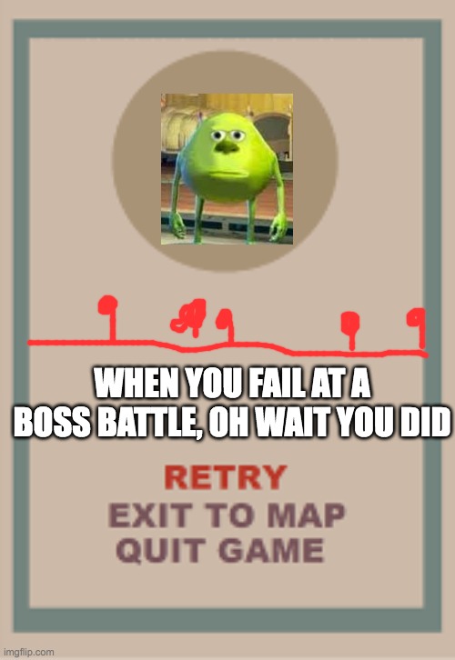 silly squad in malevolent memes phase 2 | WHEN YOU FAIL AT A BOSS BATTLE, OH WAIT YOU DID | image tagged in cuphead boss game over blank,mike wazowski,cuphead | made w/ Imgflip meme maker