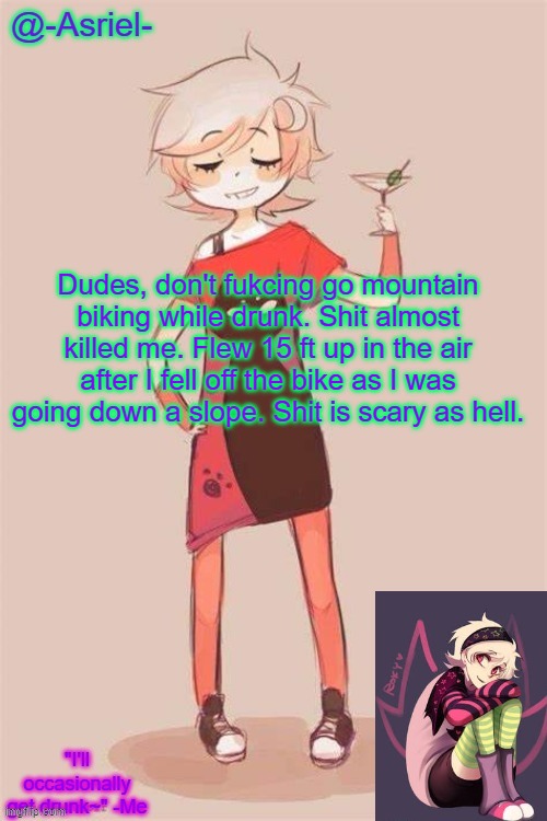 Last time lol | Dudes, don't fukcing go mountain biking while drunk. Shit almost killed me. Flew 15 ft up in the air after I fell off the bike as I was going down a slope. Shit is scary as hell. | image tagged in asriel's roxy lalonde temp | made w/ Imgflip meme maker