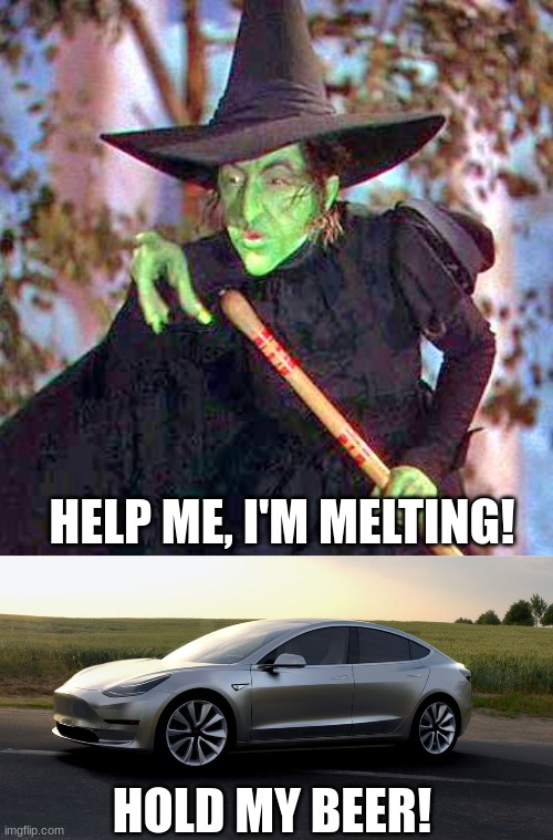 Ya, it's dumb | HELP ME, I'M MELTING! HOLD MY BEER! | image tagged in wicked witch,tesla,hurricane,elon musk | made w/ Imgflip meme maker