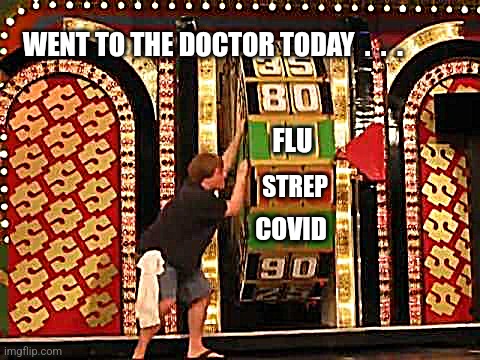 Went to the doctor today . . . | WENT TO THE DOCTOR TODAY  .  .  . FLU; STREP; COVID | image tagged in price is right wheel | made w/ Imgflip meme maker