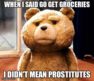 TED Meme | WHEN I SAID GO GET GROCERIES I DIDN'T MEAN PROSTITUTES | image tagged in memes,ted | made w/ Imgflip meme maker