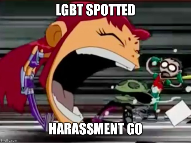 Screaming Starfire | LGBT SPOTTED HARASSMENT GO | image tagged in screaming starfire | made w/ Imgflip meme maker