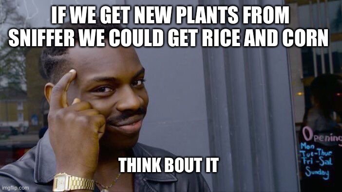 Roll Safe Think About It | IF WE GET NEW PLANTS FROM SNIFFER WE COULD GET RICE AND CORN; THINK BOUT IT | image tagged in memes,roll safe think about it | made w/ Imgflip meme maker