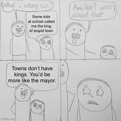 Parenting 101 | Some kids at school called me the king of stupid town; Towns don’t have kings. You’d be more like the mayor. | image tagged in what s wrong son | made w/ Imgflip meme maker