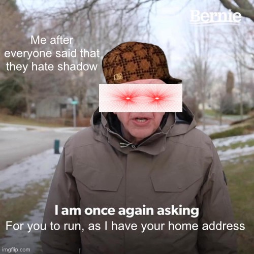 Bernie I Am Once Again Asking For Your Support Meme | Me after everyone said that they hate shadow; For you to run, as I have your home address | image tagged in memes,bernie i am once again asking for your support | made w/ Imgflip meme maker