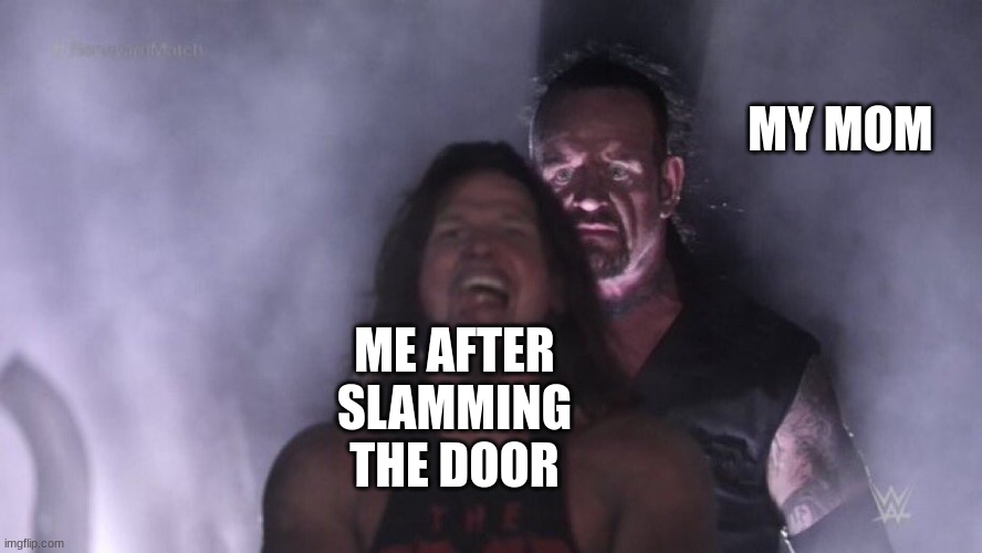 AJ Styles & Undertaker | MY MOM; ME AFTER SLAMMING THE DOOR | image tagged in aj styles undertaker | made w/ Imgflip meme maker