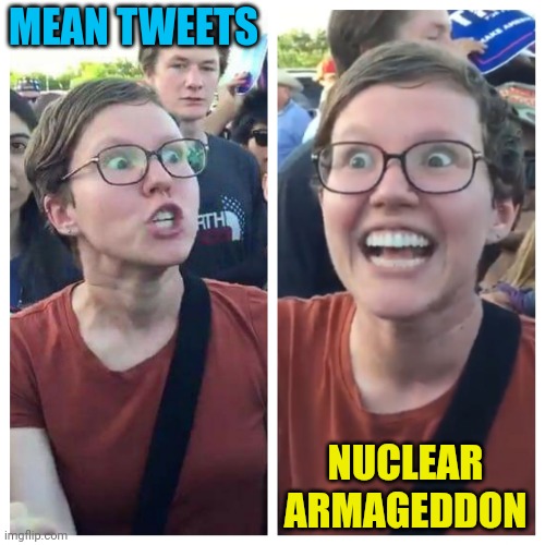 Nuclear Armageddon is right up their alley. | MEAN TWEETS; NUCLEAR ARMAGEDDON | image tagged in social justice warrior hypocrisy | made w/ Imgflip meme maker