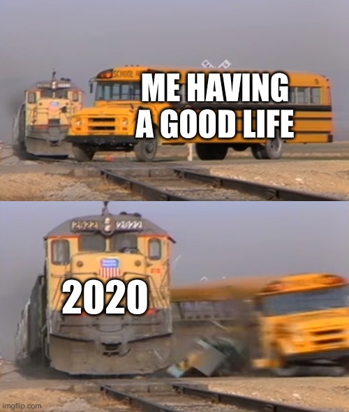 The Nightmare Year | ME HAVING A GOOD LIFE; 2020 | image tagged in a train hitting a school bus | made w/ Imgflip meme maker