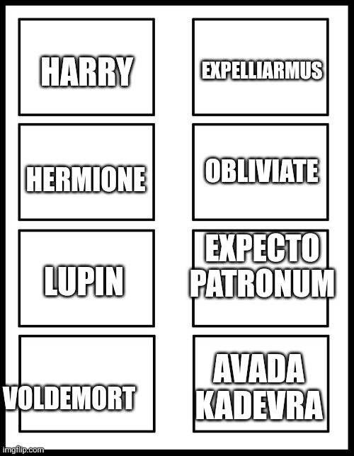 8 Panel Blank Comic | HARRY; EXPELLIARMUS; HERMIONE; OBLIVIATE; LUPIN; EXPECTO PATRONUM; AVADA KADEVRA; VOLDEMORT | image tagged in 8 panel blank comic | made w/ Imgflip meme maker