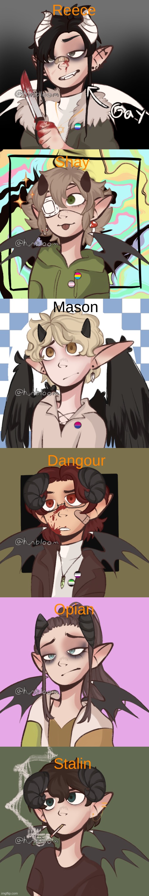 All of my current OCs that I use mainly for my roleplays | Reece; Shay; Mason; Dangour; Opian; Stalin | image tagged in reference,ocs,lore,demons,angels | made w/ Imgflip meme maker