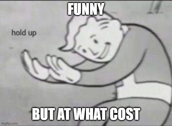 Fallout Hold Up | FUNNY BUT AT WHAT COST | image tagged in fallout hold up | made w/ Imgflip meme maker