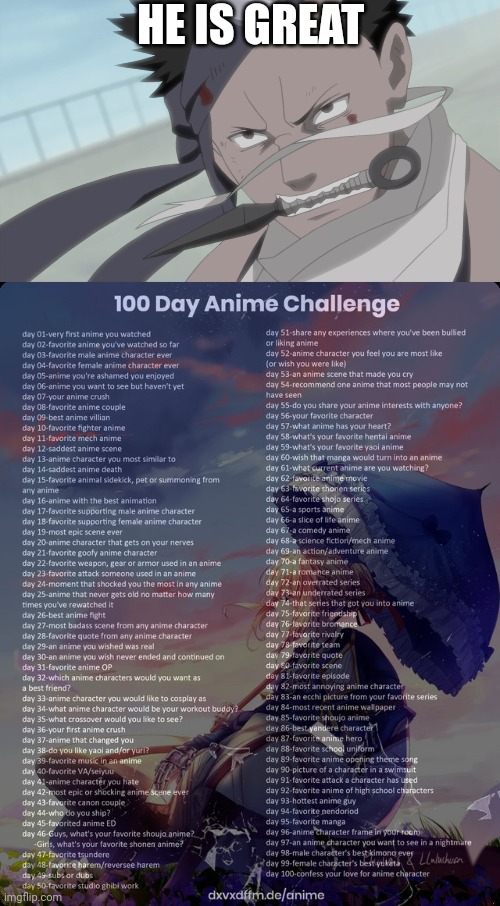 Day 3 | HE IS GREAT | image tagged in 100 day anime challenge | made w/ Imgflip meme maker