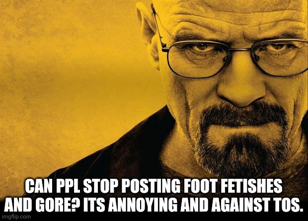 Breaking bad | CAN PPL STOP POSTING FOOT FETISHES AND GORE? ITS ANNOYING AND AGAINST TOS. | image tagged in breaking bad | made w/ Imgflip meme maker