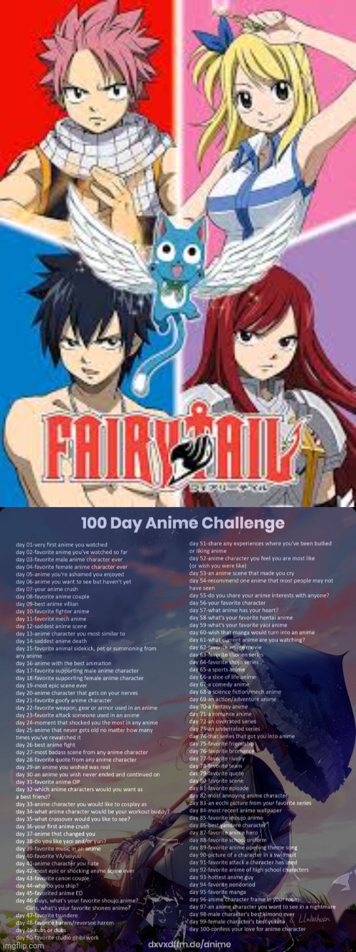 Gonna try do this and the first anime I watched was Fairytail | image tagged in 100 day anime challenge,barney will eat all of your delectable biscuits,sad pablo escobar | made w/ Imgflip meme maker