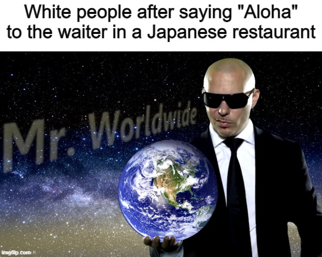 Mr Worldwide | White people after saying "Aloha" to the waiter in a Japanese restaurant | image tagged in mr worldwide | made w/ Imgflip meme maker
