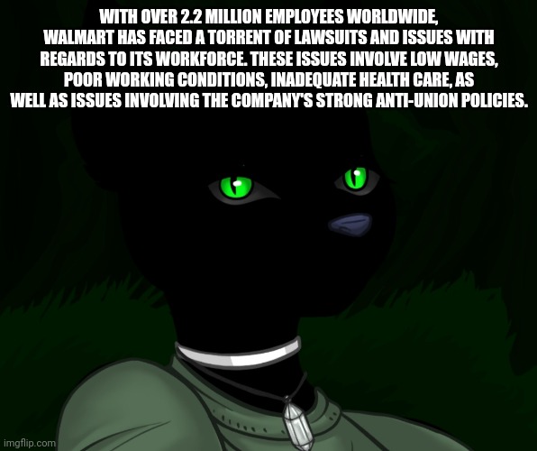 My new panther fursona | WITH OVER 2.2 MILLION EMPLOYEES WORLDWIDE, WALMART HAS FACED A TORRENT OF LAWSUITS AND ISSUES WITH REGARDS TO ITS WORKFORCE. THESE ISSUES INVOLVE LOW WAGES, POOR WORKING CONDITIONS, INADEQUATE HEALTH CARE, AS WELL AS ISSUES INVOLVING THE COMPANY'S STRONG ANTI-UNION POLICIES. | image tagged in my new panther fursona | made w/ Imgflip meme maker