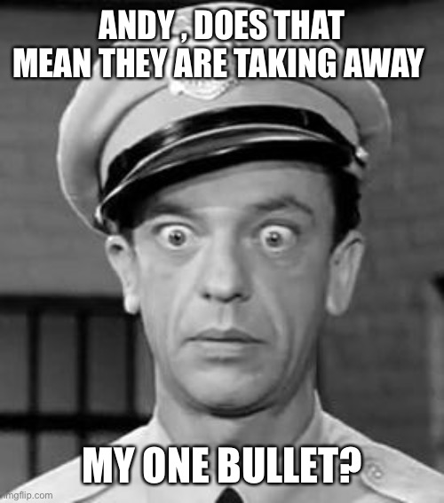 Barney Fife | ANDY , DOES THAT MEAN THEY ARE TAKING AWAY MY ONE BULLET? | image tagged in barney fife | made w/ Imgflip meme maker