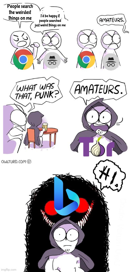 Amateurs 3.0 | People search the weirdest things on me; I'd be happy if people searched just weird things on me | image tagged in amateurs 3 0 | made w/ Imgflip meme maker